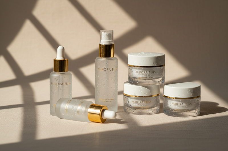 Ultra-realistic luxury skincare product photography, glass serum bottles and cream jars on soft beige background, natural sunlight from window, water droplets on bottles, minimal aesthetic, soft shadows, clean beauty brand style, high-end ecommerce product photo, professional studio lighting, 4k, premium cosmetic photograph