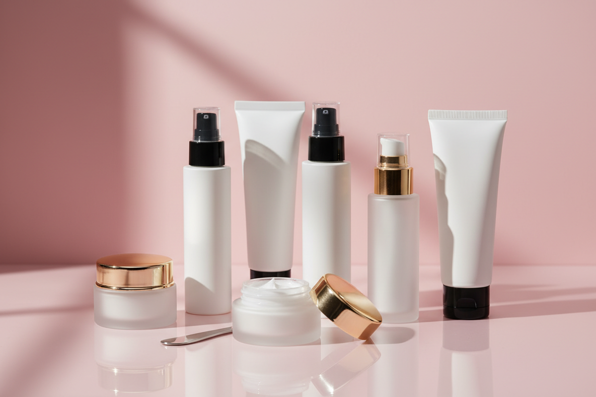 Ultra-realistic skincare product photography, plain pastel or white background, soft natural lighting, subtle shadows, glass jars, bottles, tubes, and cream textures, premium ecommerce style, clean layout, modern minimal aesthetic, suitable for any skincare product, 4k high-detail